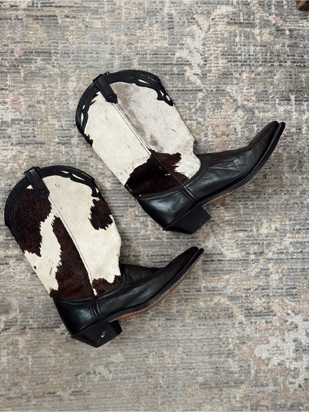 Vintage Lace-Up Cowhide Western Boots - Black and White with Brown Accents